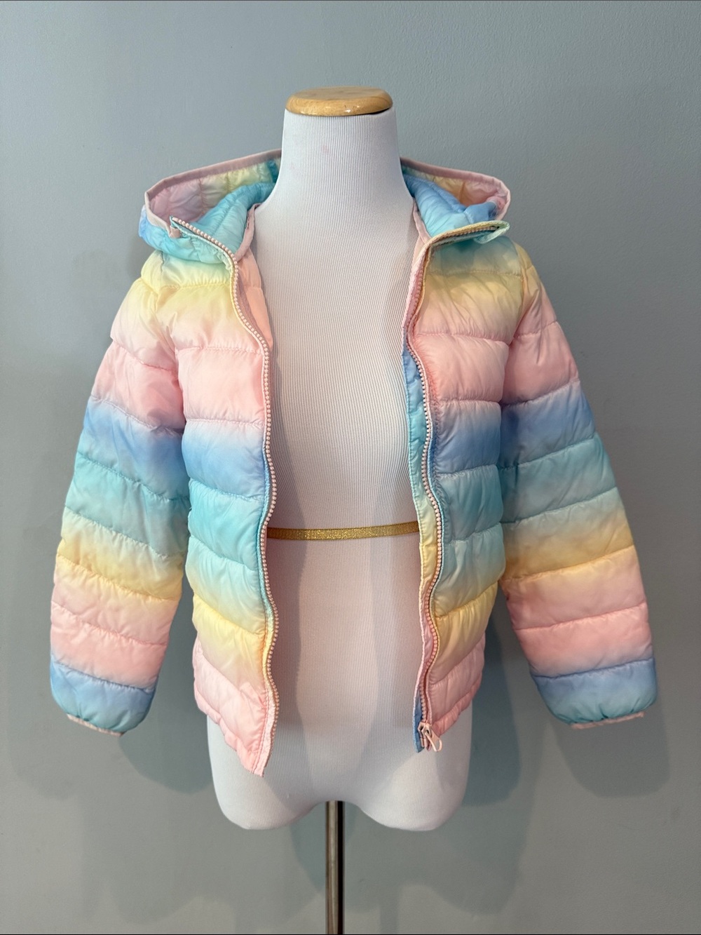 GAP kids Pastel Rainbow Hooded Puffer Jacket - Pink, Blue, Yellow- Large